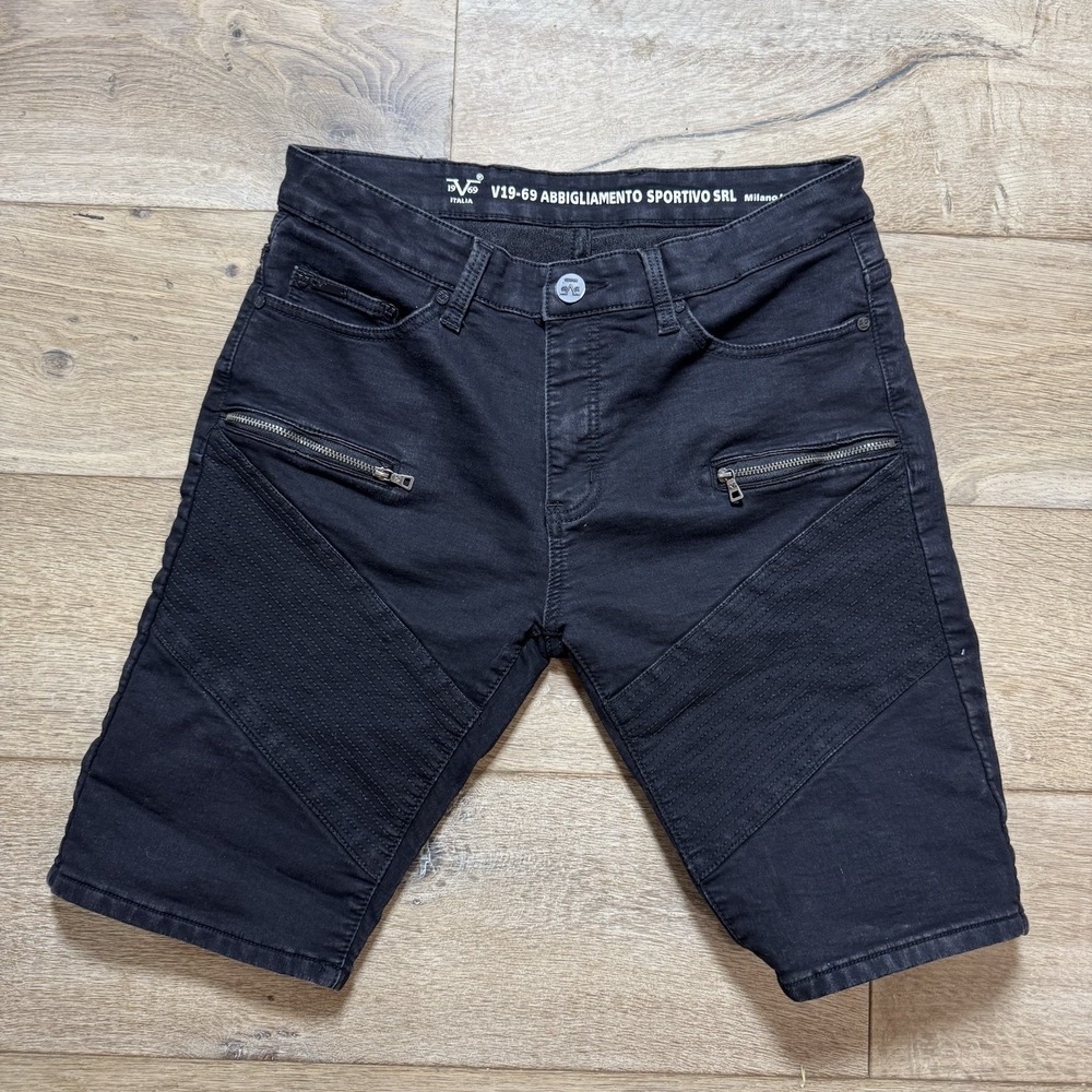 V 1969 Italia Moto Biker Denim Shorts Men's W32 Black Stretch Zip Pocket